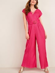 Pink Plissé Belted Jumpsuit - Image 1 of 5