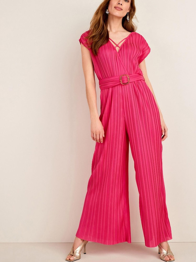 Pink Plissé Belted Jumpsuit - Image 1 of 5
