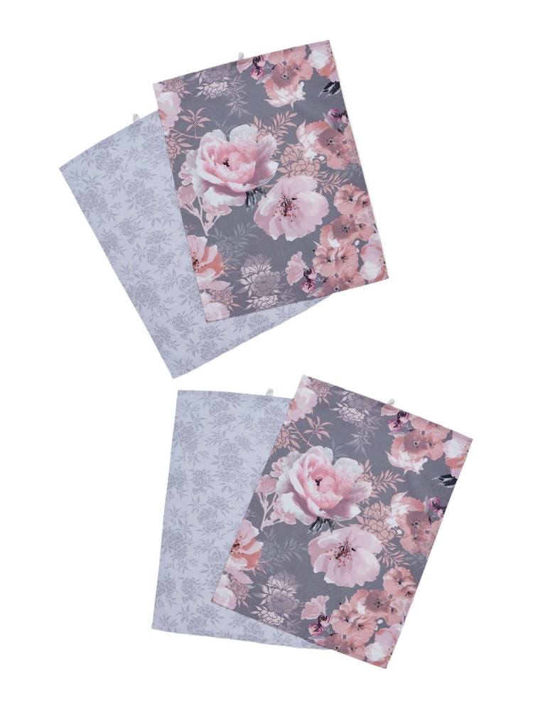 Catherine Lansfield Set of 4 Grey Dramatic Floral 100% Cotton Tea Towels - Image 2 of 2