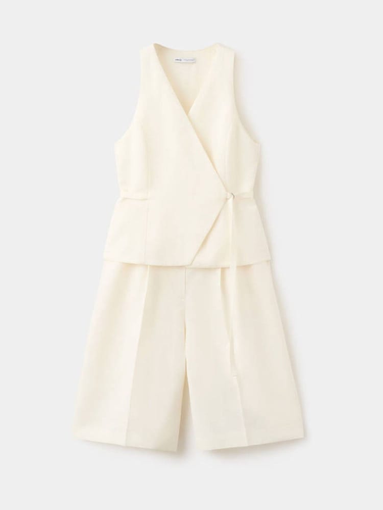Mango Cream Short Linen Blend Jumpsuit - Image 1 of 3