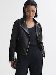 Reiss Black Tallis Leather Biker Jacket - Image 1 of 6