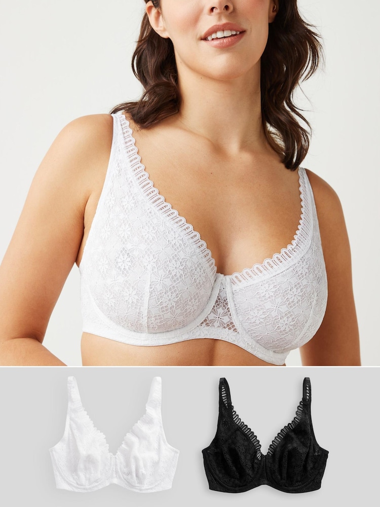 Black/White DD+ Non Pad Full Cup Geo Lace Bras 2 Pack - Image 1 of 7