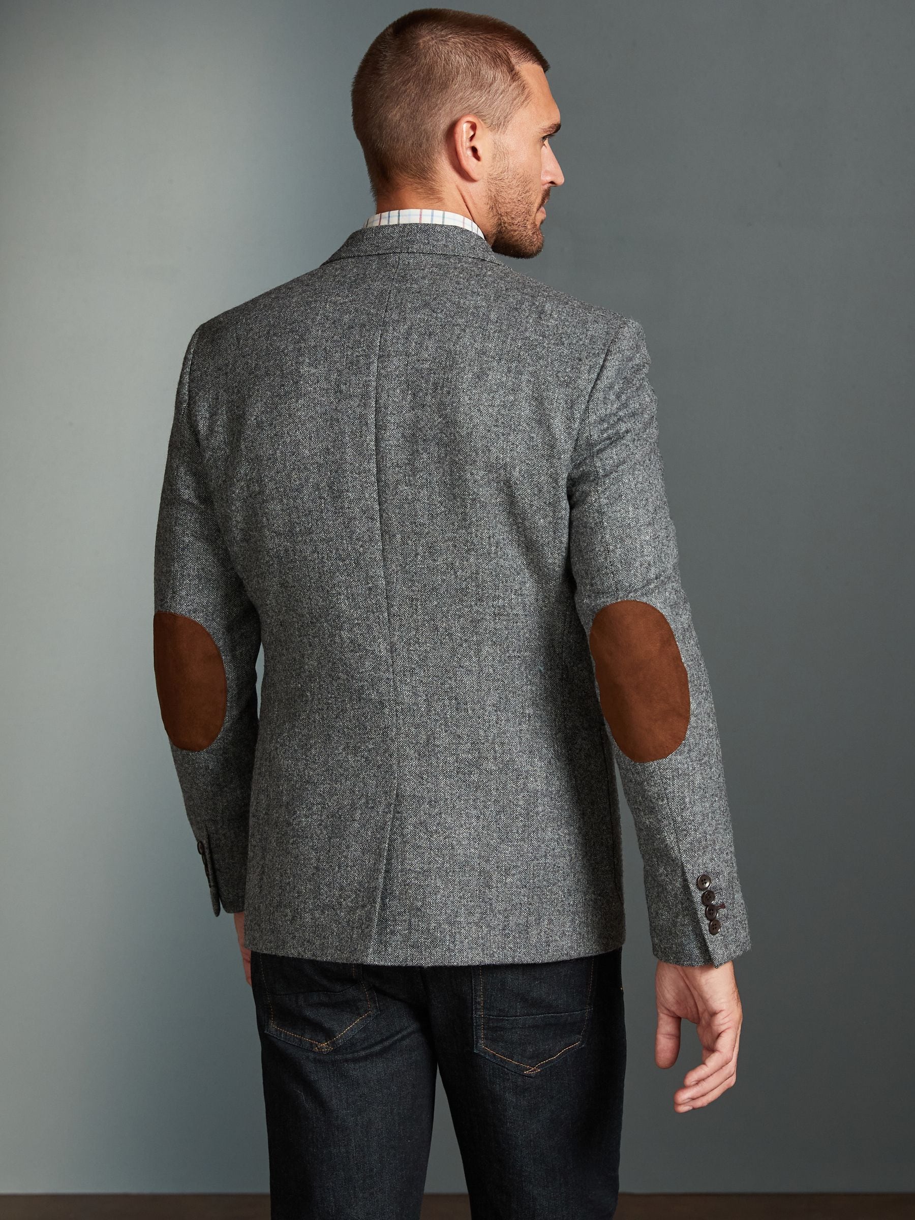 Buy Grey Signature Moons British Wool Textured Blazer With Elbow Patches from Next Luxembourg