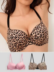 Leopard Print/Pink Push-Up Triple Boost Microfibre Smoothing T-Shirt Bras 2 Pack - Image 1 of 8