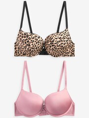Leopard Print/Pink Push-Up Triple Boost Microfibre Smoothing T-Shirt Bras 2 Pack - Image 6 of 8