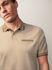 Neutral Brown Geo Short Sleeve Print Polo Shirt - Image 1 of 9