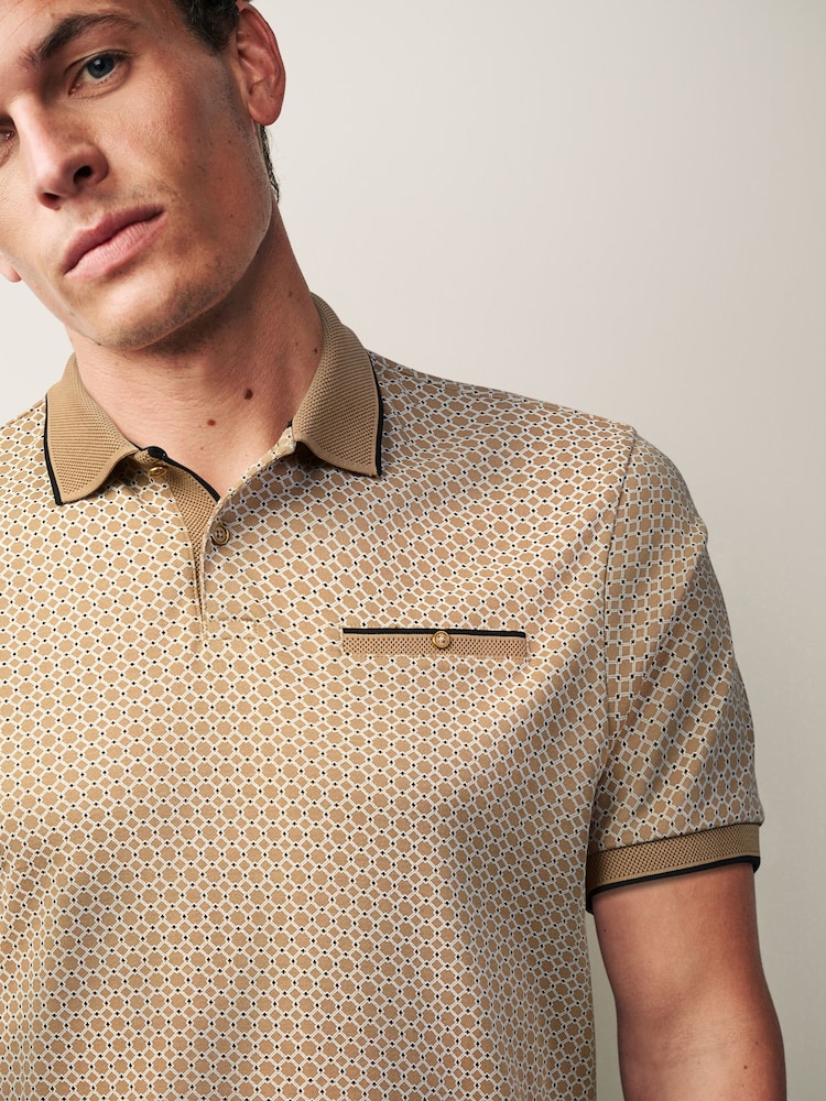 Neutral Brown Geo Short Sleeve Print Polo Shirt - Image 1 of 9