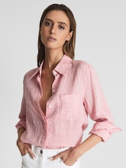 Reiss Pink Campbell Linen Long Sleeve Shirt - Image 1 of 6