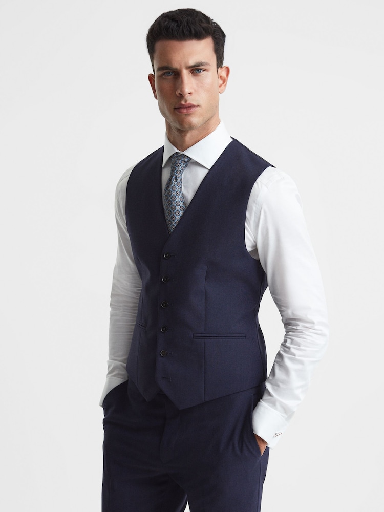 Reiss Navy Bold Classic Slim Fit Wool Horseshoe Waistcoat - Image 1 of 6
