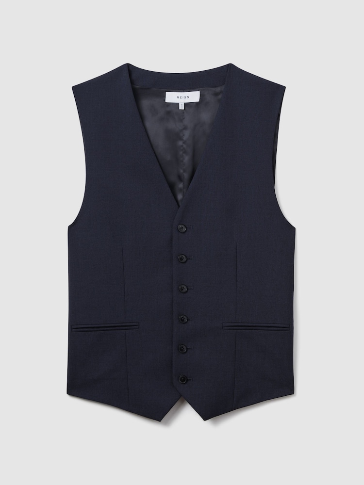 Reiss Navy Bold Classic Slim Fit Wool Horseshoe Waistcoat - Image 2 of 6