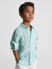 Reiss Aquamarine Ruban Long Sleeve Linen Shirt - Image 1 of 6