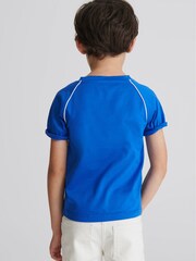 Reiss Bright Blue Stratford Piped Knitted Trim Crew Neck Tee - Image 5 of 6