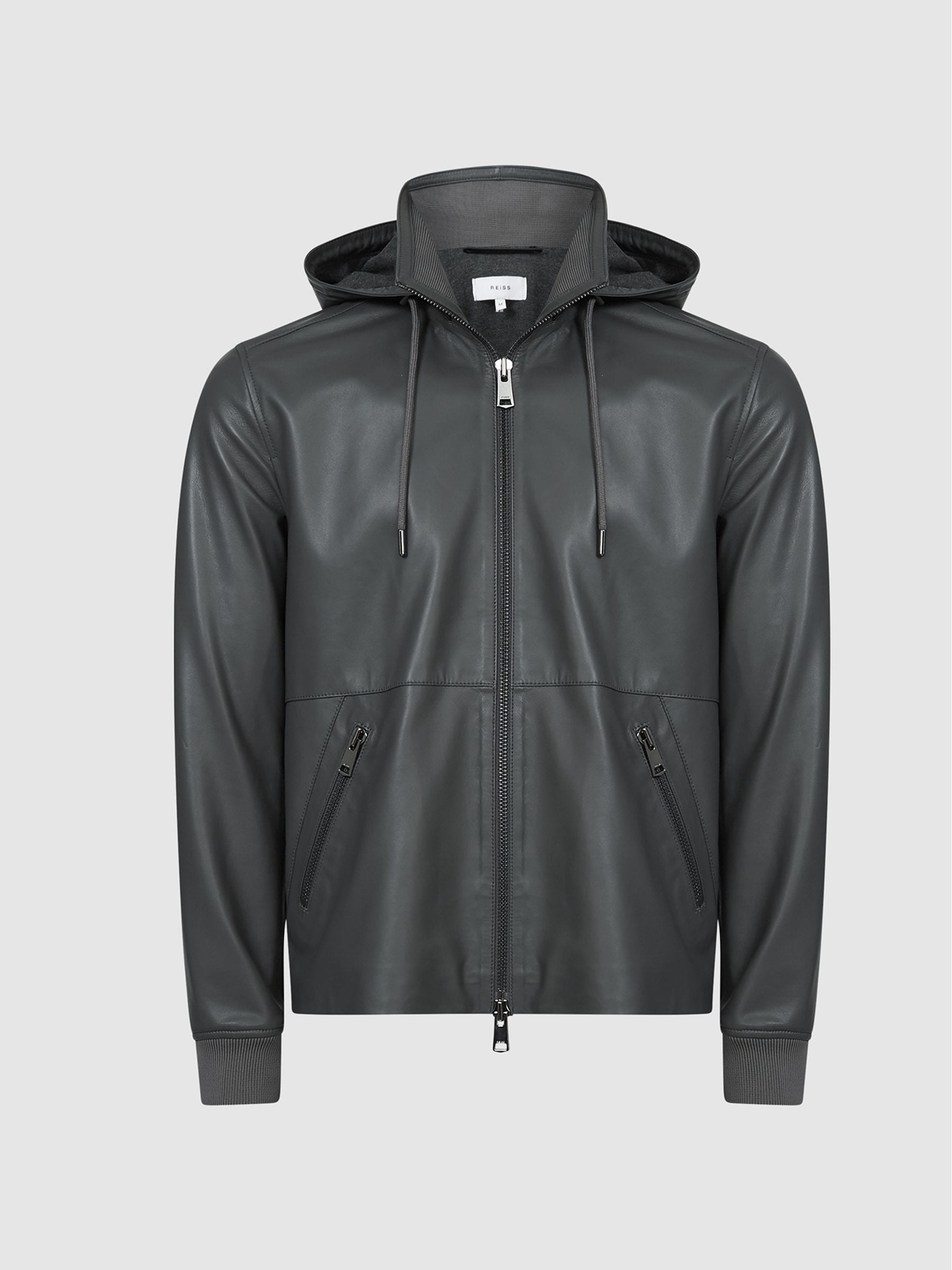 Buy Reiss Charcoal Harvey Leather Zip Through Hooded Jacket