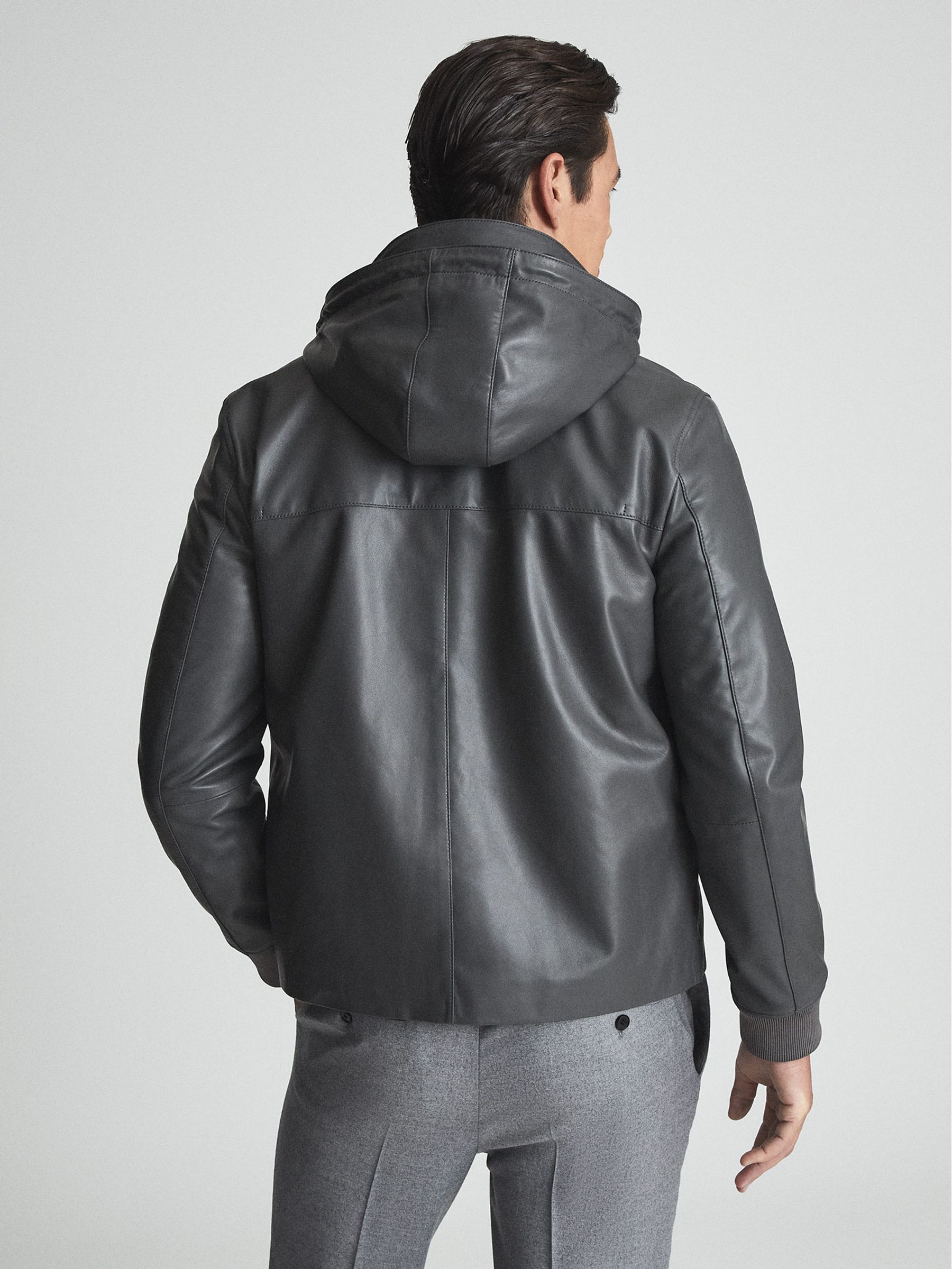 Buy Reiss Charcoal Harvey Leather Zip Through Hooded Jacket