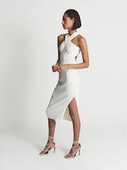 Reiss White Keira Knitted Bodycon Midi Dress - Image 4 of 7