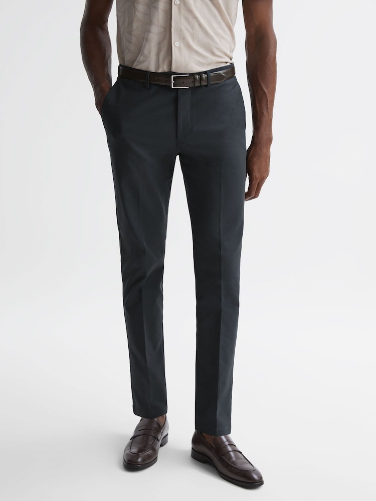 Reiss Steel Blue Eastbury Slim Fit Cotton Blend Chinos - Image 1 of 1 Reiss Steel Blue Eastbury Slim Fit Cotton Blend Chinos - Image 1 of 1