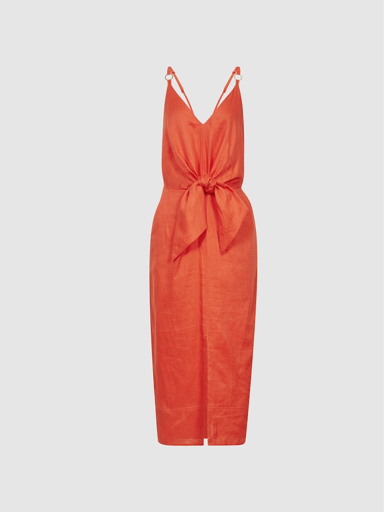 Reiss Orange Kay Tie Detail Linen Midi Dress - Image 2 of 6