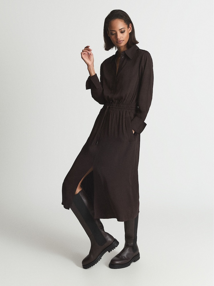 Reiss Burgundy Astrid Collared Midi Dress - Image 1 of 6