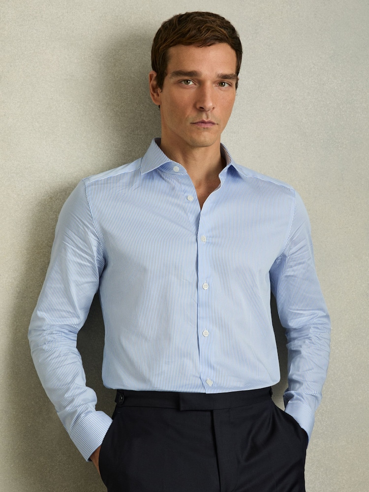 Reiss Blue Stripe Remote Cotton Sateen Shirt - Image 1 of 7