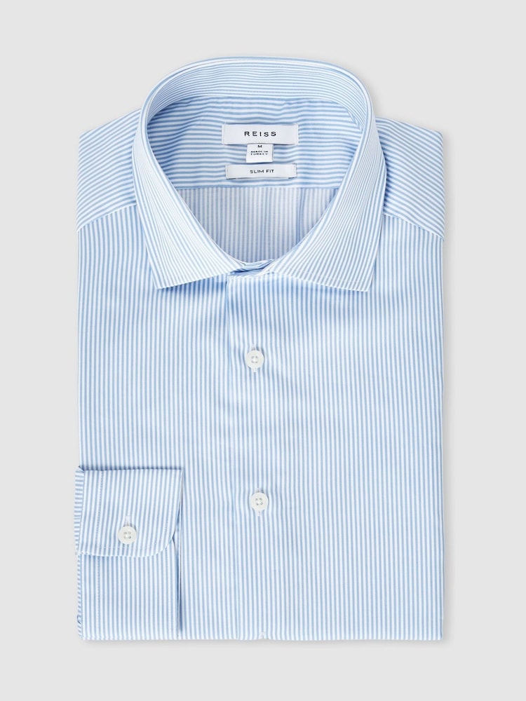 Reiss Blue Stripe Remote Reg Slim Fit Cotton-Satin Cutaway-Collar Shirt - Image 1 of 8 Reiss Blue Stripe Remote Reg Slim Fit Cotton-Satin Cutaway-Collar Shirt - Image 1 of 8