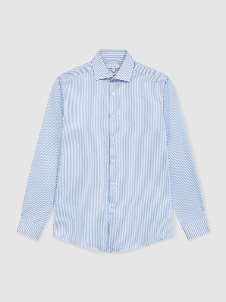 Reiss Blue Stripe Remote Cotton Sateen Shirt - Image 2 of 7
