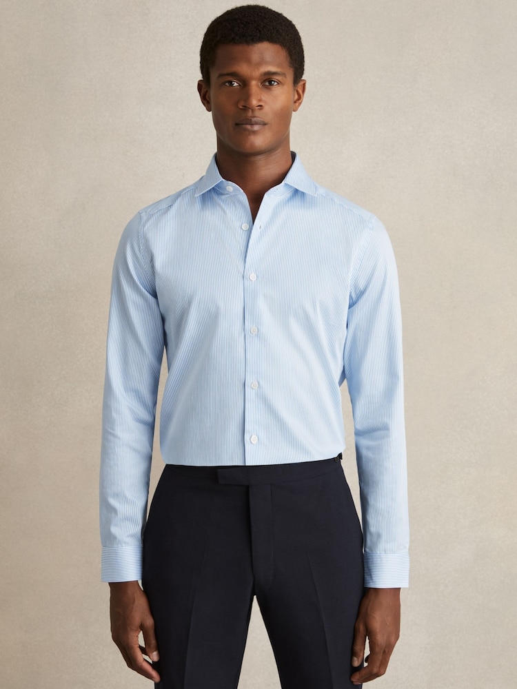 Reiss Blue Stripe Remote Reg Slim Fit Cotton-Satin Cutaway-Collar Shirt - Image 2 of 8 Reiss Blue Stripe Remote Reg Slim Fit Cotton-Satin Cutaway-Collar Shirt - Image 2 of 8
