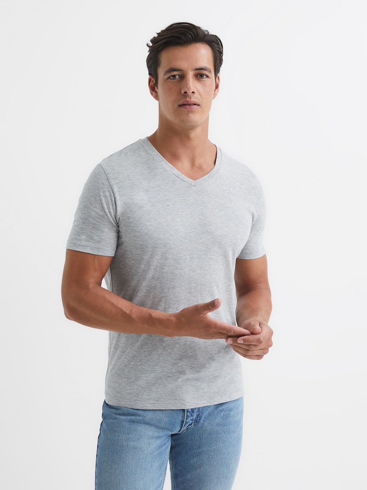 Reiss Grey Marl Dayton Regular Fit V-Neck T-Shirt - Image 1 of 6 Reiss Grey Marl Dayton Regular Fit V-Neck T-Shirt - Image 1 of 6