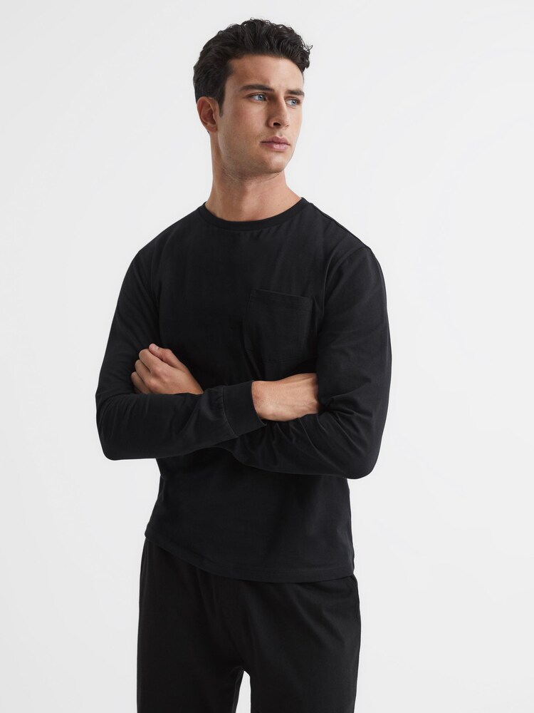 Reiss Black Bruno Long Sleeved Crew Neck T-Shirt - Image 1 of 6 Reiss Black Bruno Long Sleeved Crew Neck T-Shirt - Image 1 of 6