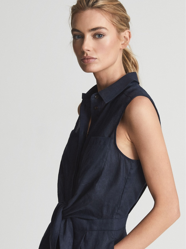 Reiss Navy Ema Sleeveless Linen Playsuit - Image 1 of 5