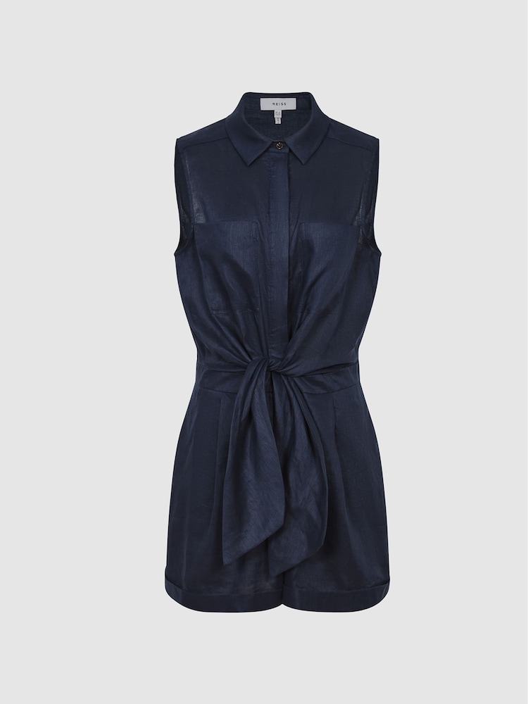 Reiss Navy Ema Sleeveless Linen Playsuit - Image 2 of 5