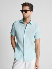 Reiss Aquamarine Holiday Slim Fit Linen Button-Through Shirt - Image 1 of 5