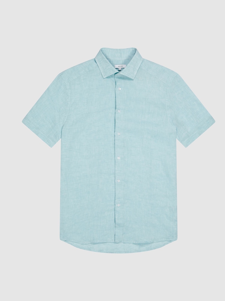 Reiss Aquamarine Holiday Slim Fit Linen Button-Through Shirt - Image 2 of 5