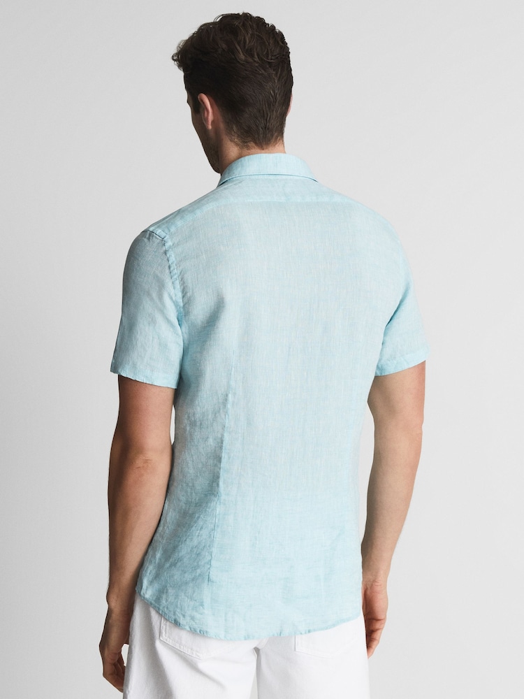 Reiss Aquamarine Holiday Slim Fit Linen Button-Through Shirt - Image 5 of 5