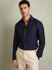 Reiss Navy Ruban Linen Button-Through Shirt - Image 1 of 7