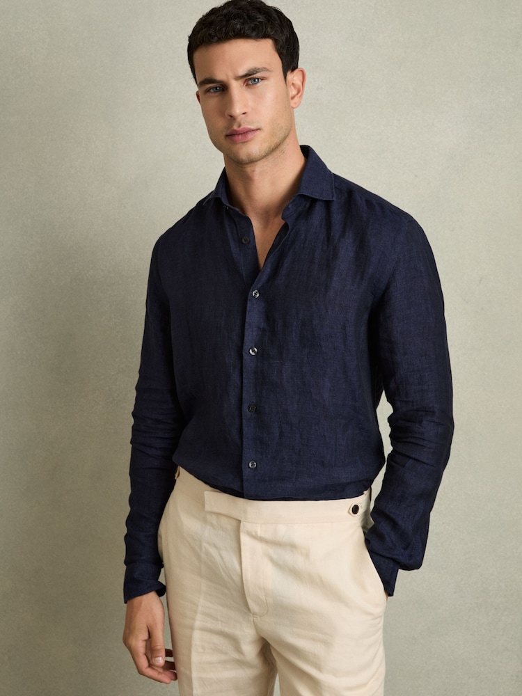 Reiss Navy Ruban Linen Button-Through Shirt - Image 1 of 7