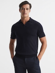 Reiss Navy Duchie Merino Wool Open Collar Polo Shirt - Image 1 of 7