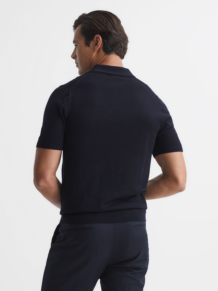 Reiss Navy Duchie Merino Wool Open Collar Polo Shirt - Image 5 of 7