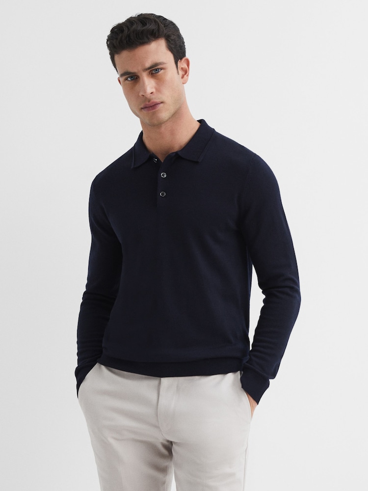 Reiss Navy Trafford Merino Wool Polo Shirt - Image 1 of 6