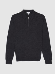 Reiss Charcoal Melange Robertson Merino Wool Zip Neck Polo Shirt - Image 2 of 5
