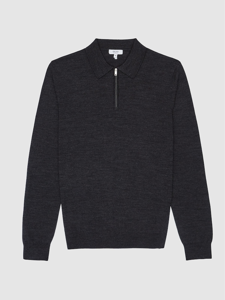 Reiss Charcoal Melange Robertson Merino Wool Zip Neck Polo Shirt - Image 2 of 5