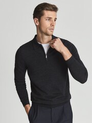 Reiss Charcoal Melange Robertson Merino Wool Zip Neck Polo Shirt - Image 3 of 5