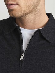 Reiss Charcoal Melange Robertson Merino Wool Zip Neck Polo Shirt - Image 4 of 5