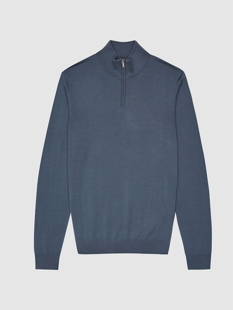 Reiss Steel Blue Blackhall Merino Wool Half-Zip Funnel Neck Jumper - Image 2 of 5 Reiss Steel Blue Blackhall Merino Wool Half-Zip Funnel Neck Jumper - Image 2 of 5