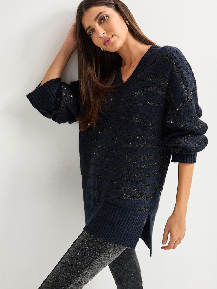Navy Blue Sequin Detail Zebra Animal Pattern Jumper - Image 1 of 7 Navy Blue Sequin Detail Zebra Animal Pattern Jumper - Image 1 of 7