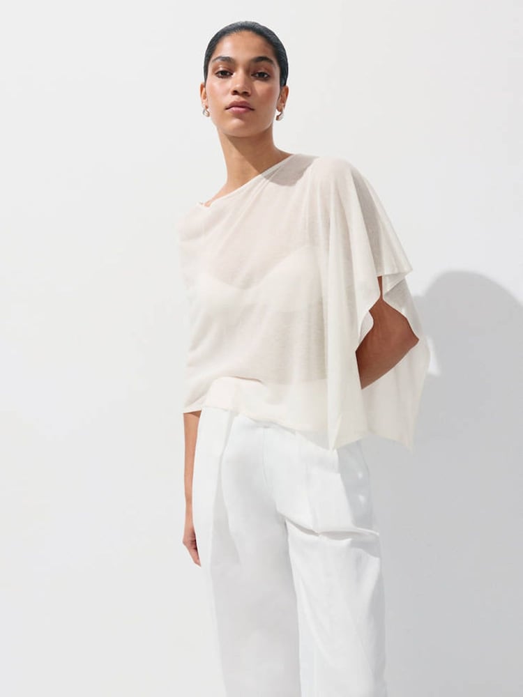 Mango White Sheer Round Neck Asymetric Hem Poncho - Image 3 of 3