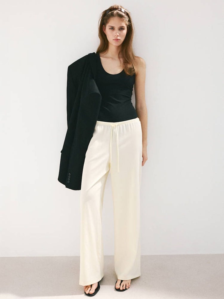 Mango Cream Drawstring Wide Leg Trousers - Image 1 of 7 Mango Cream Drawstring Wide Leg Trousers - Image 1 of 7