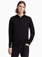 AllSaints Black Mode Merino Long Sleeve Polo Shirt - Image 1 of 5