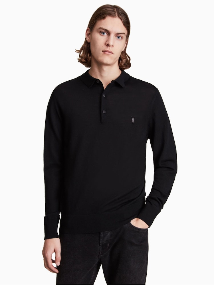 AllSaints Black Mode Merino Long Sleeve Polo Shirt - Image 1 of 5