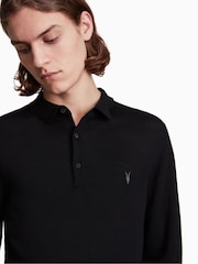 AllSaints Black Mode Merino Long Sleeve Polo Shirt - Image 4 of 5