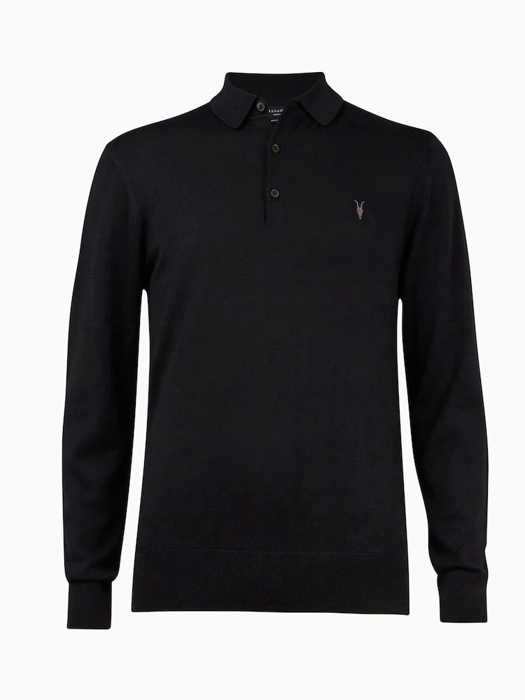 AllSaints Black Mode Merino Long Sleeve Polo Shirt - Image 5 of 5
